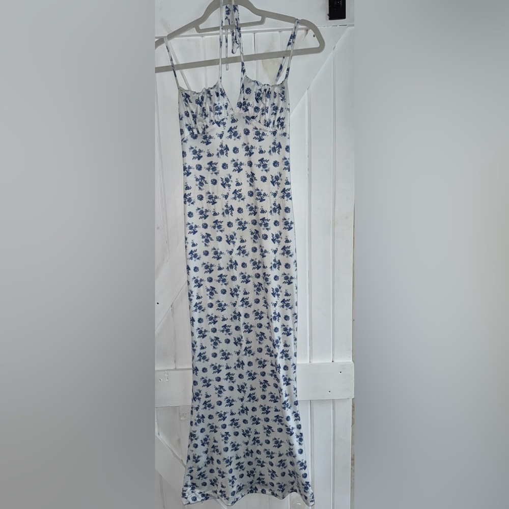 White and Floral Blue Maxi Dress